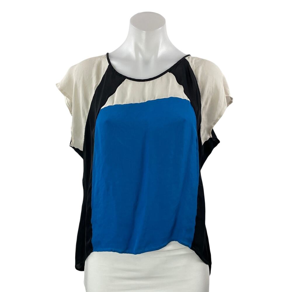Rebecca Minkoff Women Blue 100% Silk Colorblock Short Sleeve Split Blouse Top 6